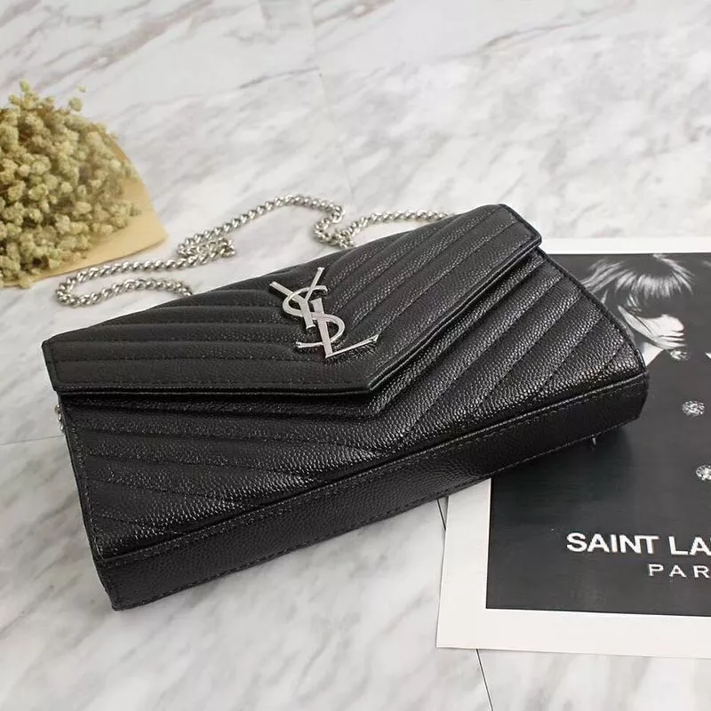 Cheap Saint Laurent Large Monogram Chain Wallet In Grained Matelasse Leather Black Silver 0120