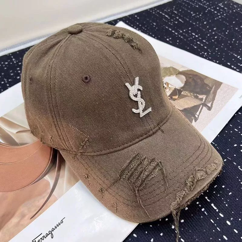 Cheap Saint Laurent Baseball Cap In Washed Denim with Cassandre Crystals Brown 0114