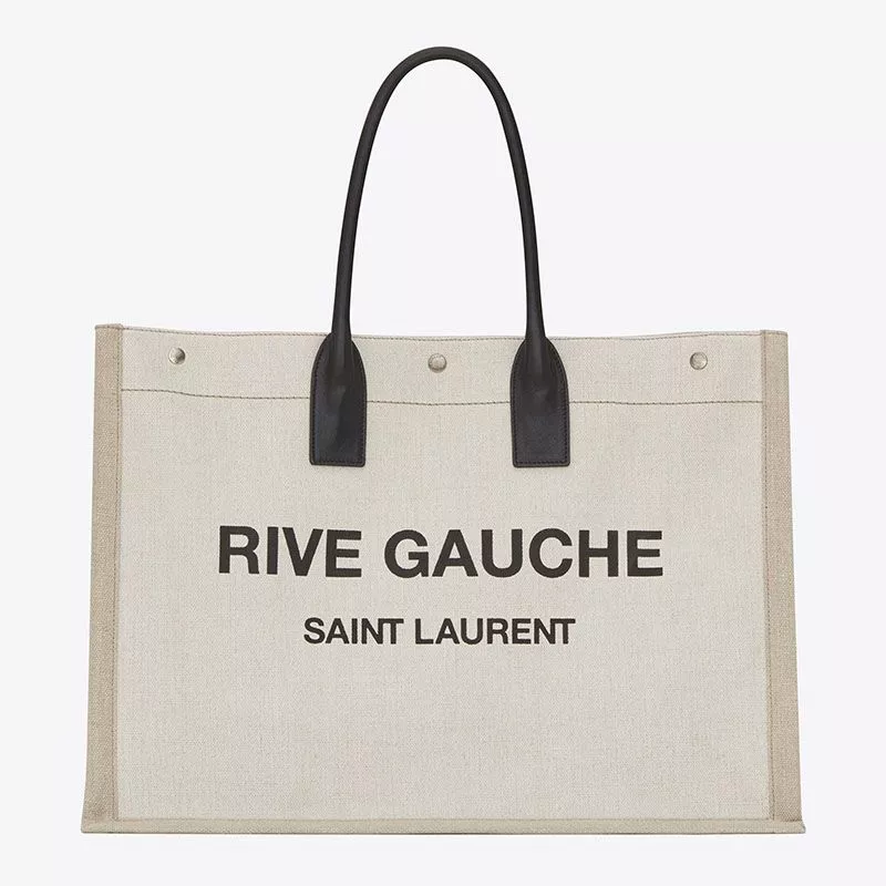 Saint Laurent Rive Gauche Tote In Linen And Leather White 0112