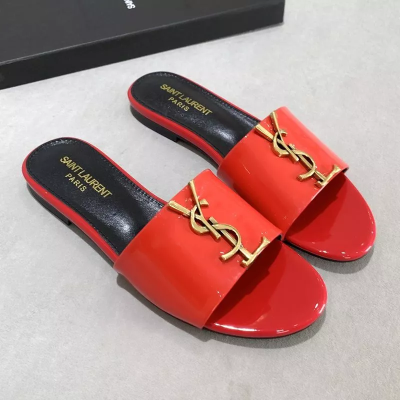 Saint Laurent Monogram Slides Women Patent Leather Red Gold 0113