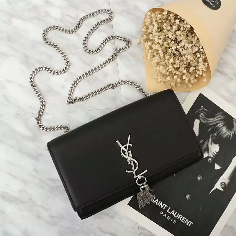 Saint Laurent Medium Kate Chain Bag with Tassel In Leather Black Silver 0112