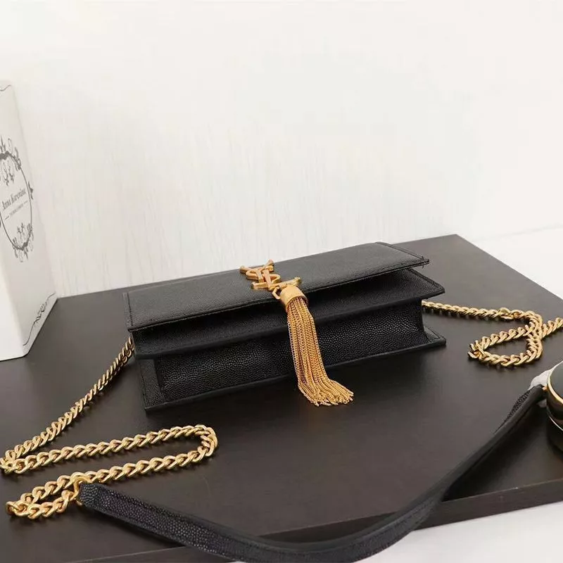 Cheap Saint Laurent Large Kate Chain Wallet with Tassel In Textured Leather Black Gold 0120