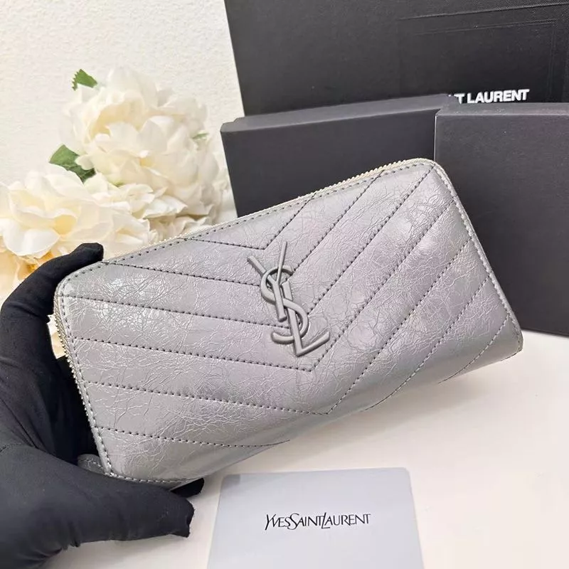 Saint Laurent Large Cassandra Zip Around Wallet In Crinkled Matelasse Leather Grey 0121