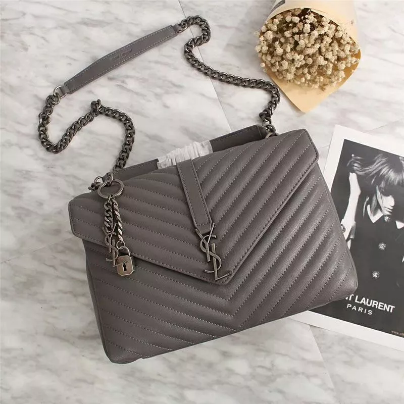 Saint Laurent Large Classic College Chain Bag In Matelasse Leather Grey Silver 0112