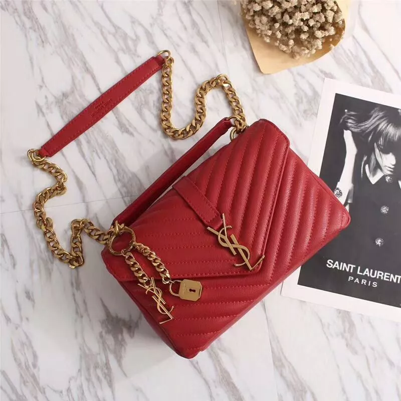 Saint Laurent Medium Classic College Chain Bag In Matelasse Leather Red Gold 0112