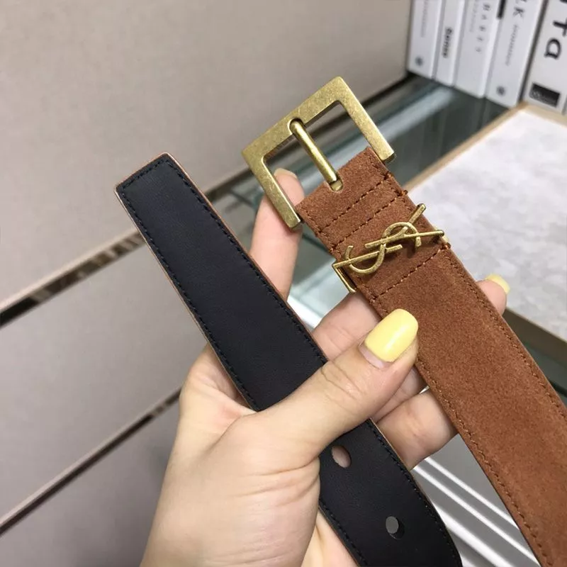 Cheap Saint Laurent Monogram Belt With Square Buckle In Suede Brown Gold 0114