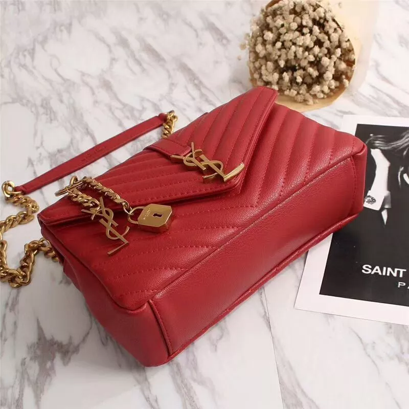 Cheap Saint Laurent Medium Classic College Chain Bag In Matelasse Leather Red Gold 0112