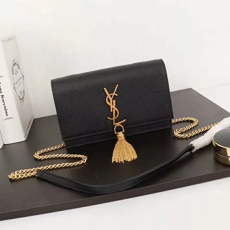 Saint Laurent Large Kate Chain Wallet with Tassel In Textured Leather Black Gold 0120