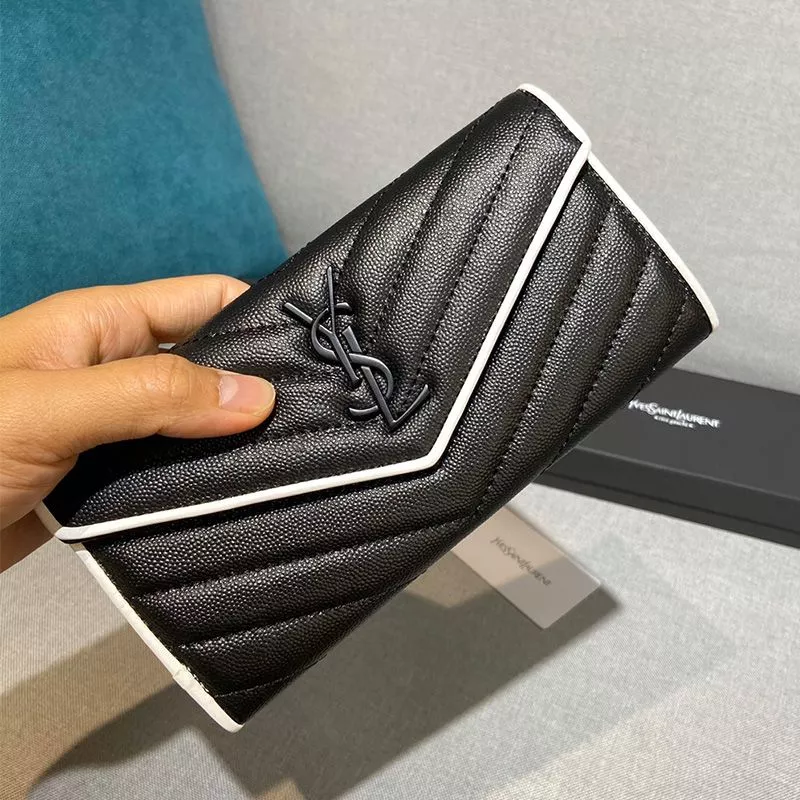 Saint Laurent Large Monogram Flap Wallet In Grained Matelasse Leather Black White 0115