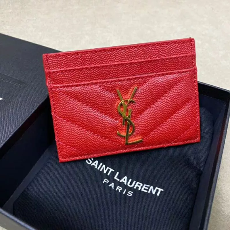 Saint Laurent Monogram Card Case In Grained Matelasse Leather Red Gold 0115