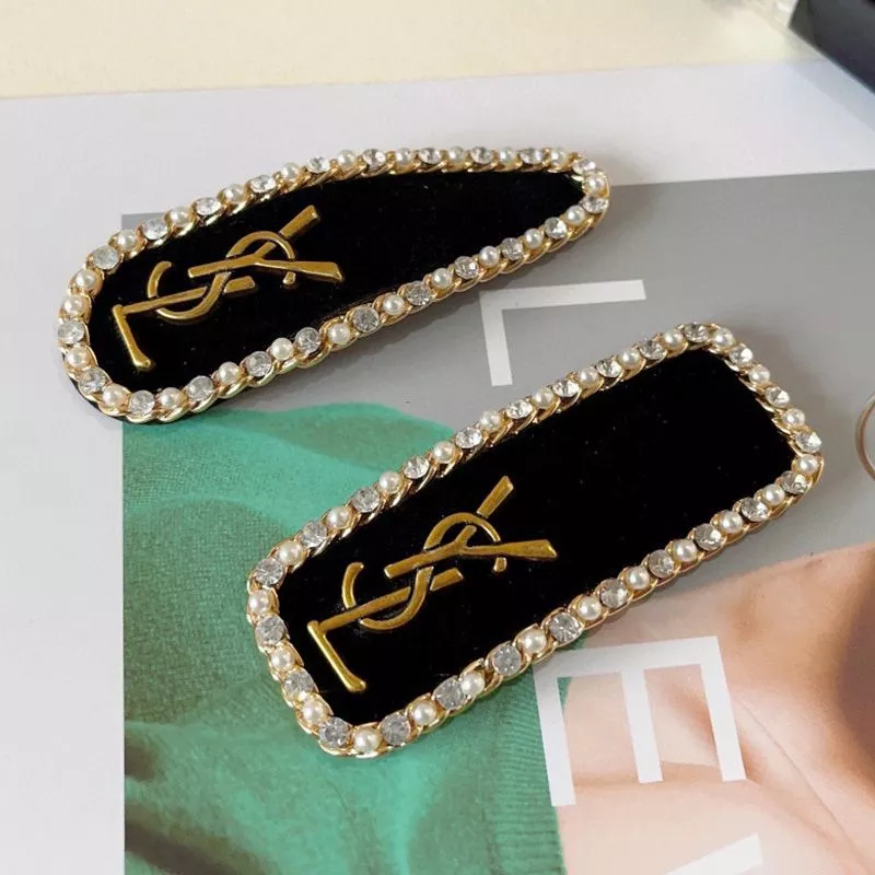 Saint Laurent Cassandre Snap Hair Clip In Suede and Steel with Rhinestones Pearls Black 0114