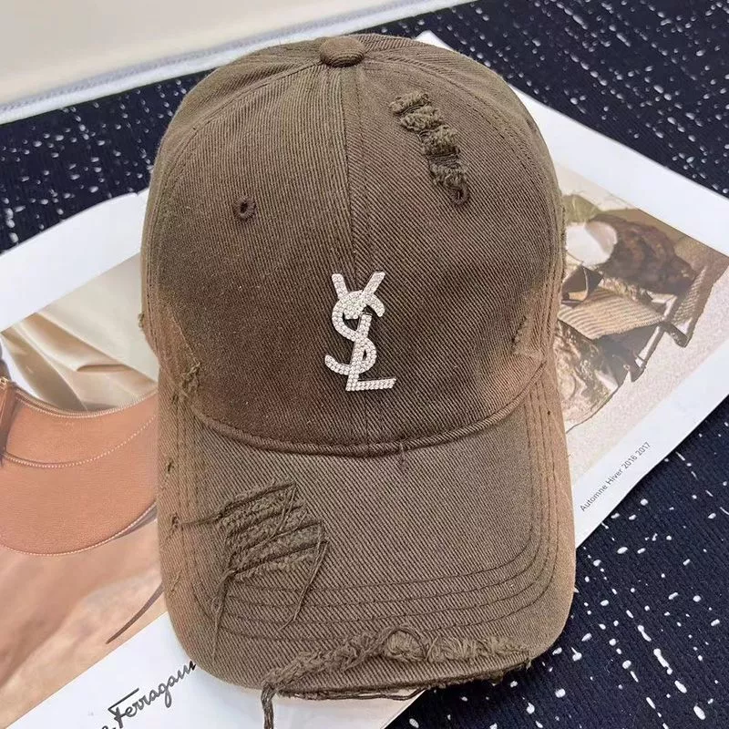 Saint Laurent Baseball Cap In Washed Denim with Cassandre Crystals Brown 0114