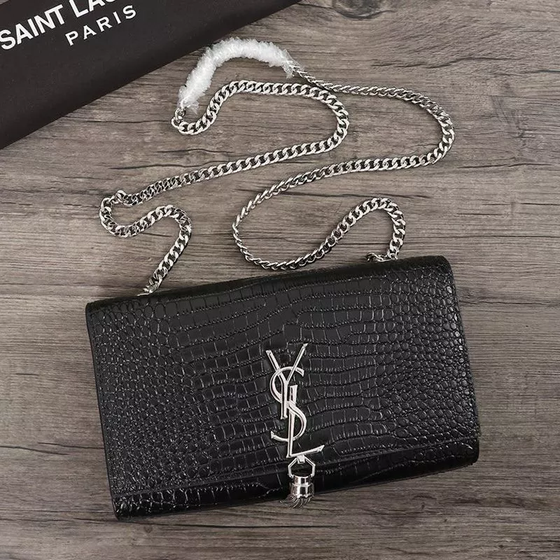 Saint Laurent Medium Kate Chain Bag with Tassel In Crocodile Embossed Shiny Leather Black Silver 0112