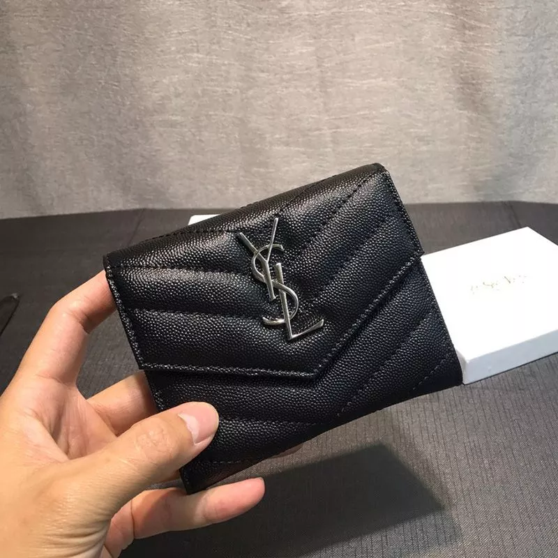 Saint Laurent Small Envelope Trifold Wallet In Grained Matelasse Leather Black Silver 0121