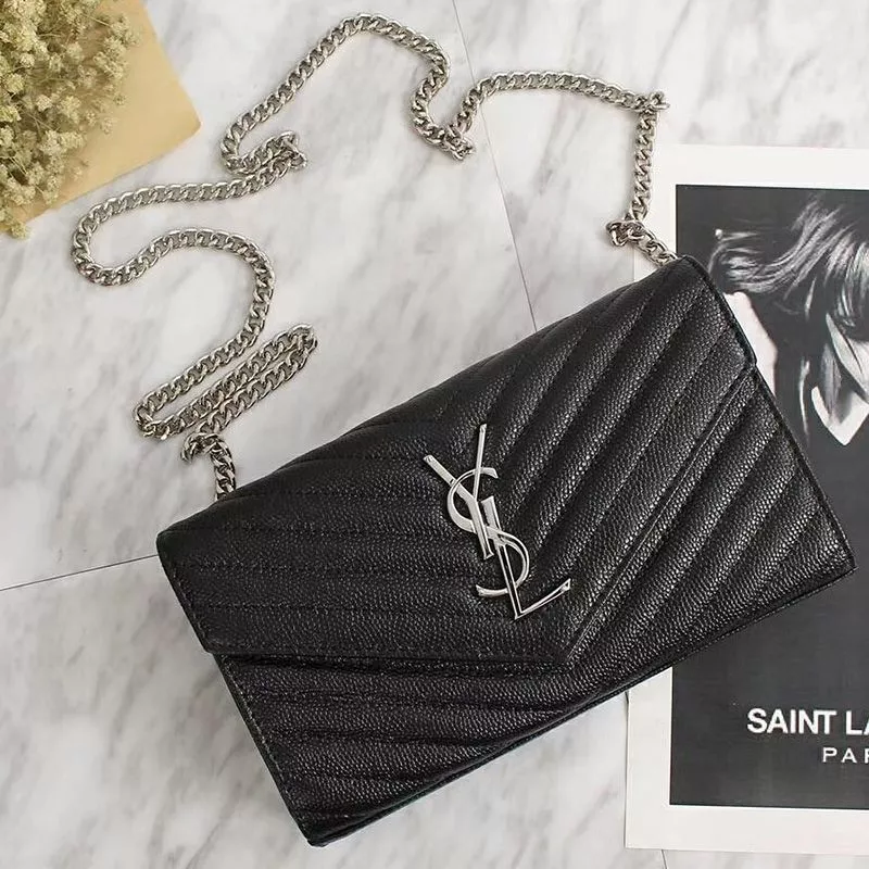 Saint Laurent Large Monogram Chain Wallet In Grained Matelasse Leather Black Silver 0120