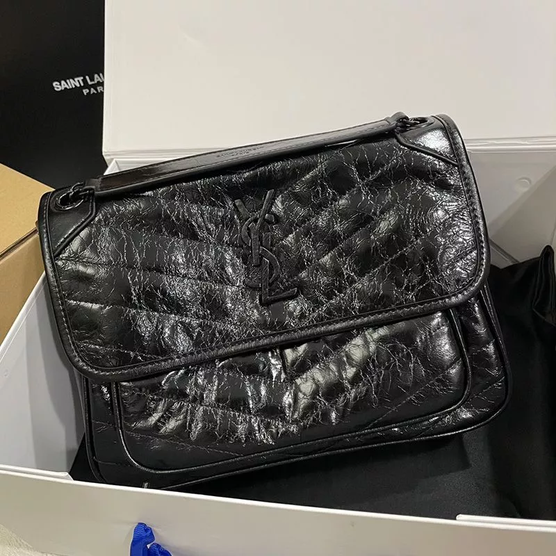 Saint Laurent Medium Niki Chain Bag In Crinkled And Quilted Leather Black 0112