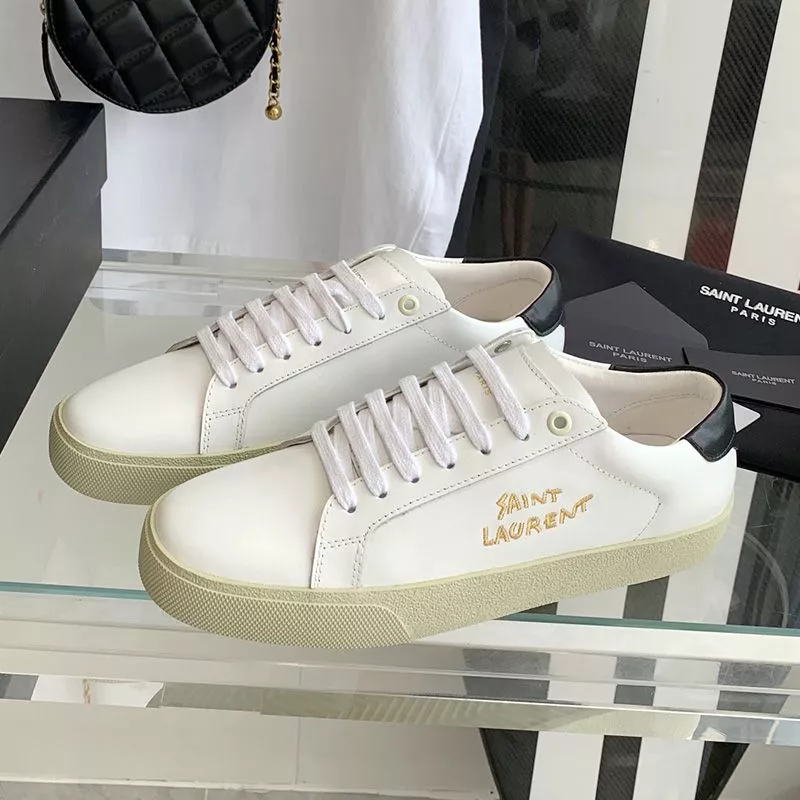 Saint Laurent Court Classic Sneakers Unisex Embroidered Leather with Gold Logo White Black 0113