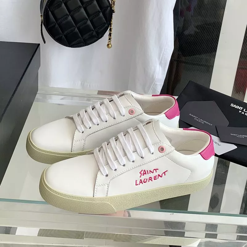 Saint Laurent Court Classic Sneakers Unisex Embroidered Leather with Rose Logo White Rose 0113