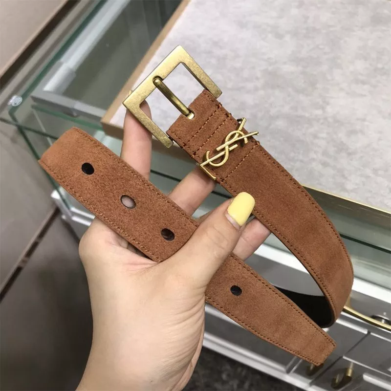 Saint Laurent Monogram Belt With Square Buckle In Suede Brown Gold 0114