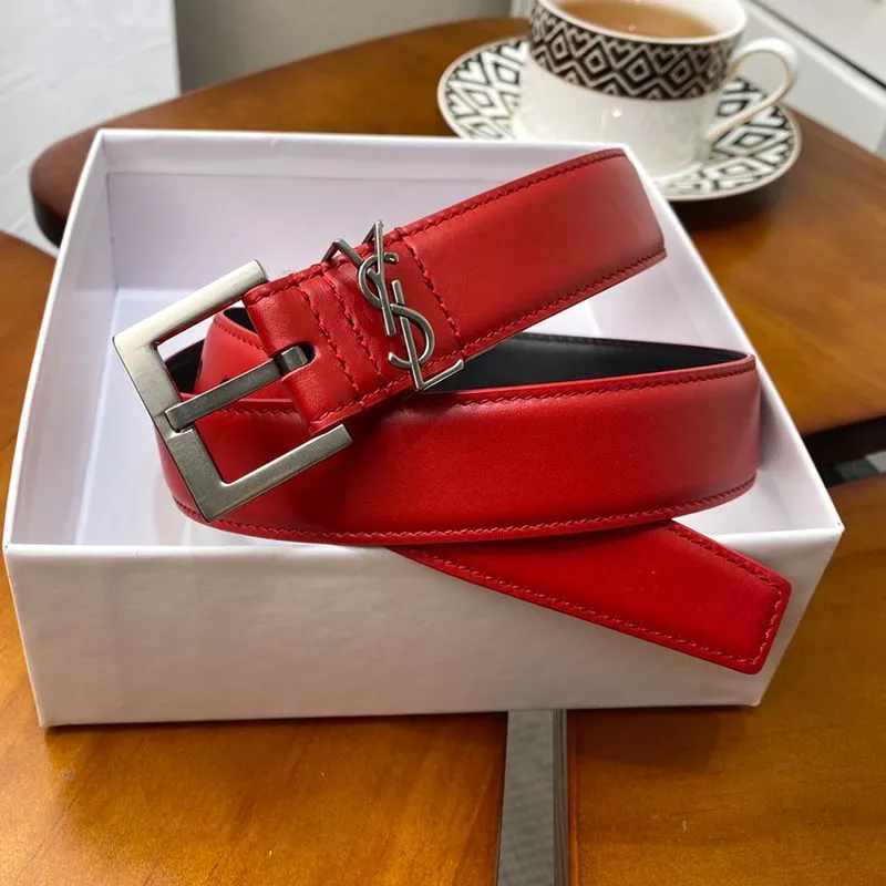 Saint Laurent Monogram Narrow Belt With Square Buckle In Nappa Leather Red Silver 0114