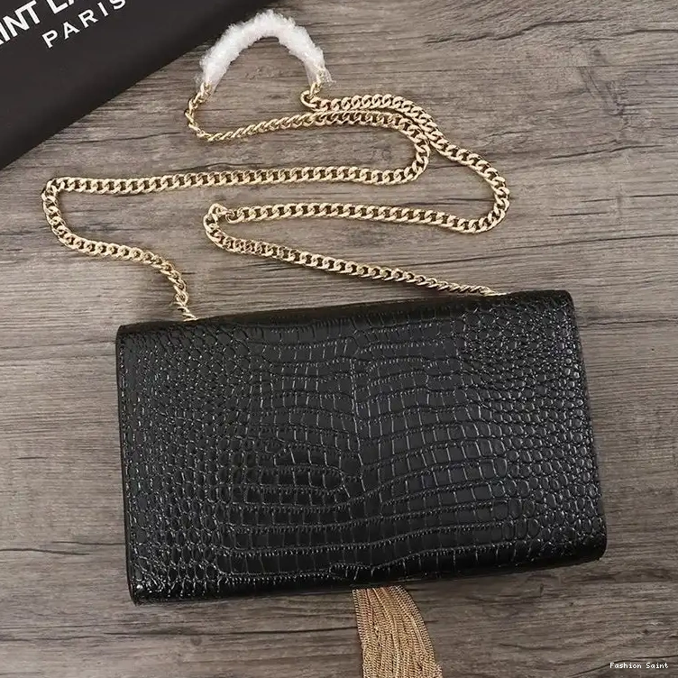 Cheap Leather Black Crocodile Kate Bag Saint Chain with In Shiny Tassel Medium Laurent Gold Embossed 0217